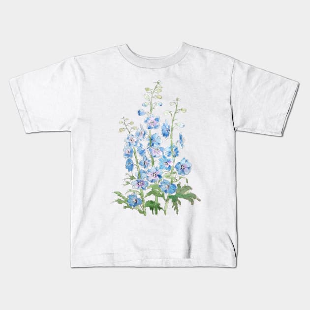 blue purple delphinium ink and watercolor Kids T-Shirt by colorandcolor